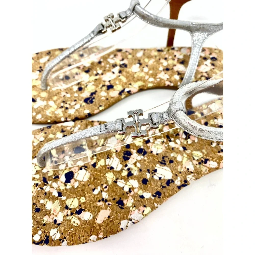 Tory Burch Silver Metallic Leather Cork Splatter Logo Thong Sandals Womens 7.5